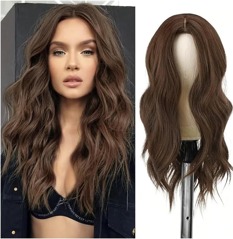 LONG Body Wave Wig Shoulder Length Synthetic Wig with Bangs 150% Density Ocean Heat Resistant Synthetic Fiber Curly Hair22 INCH -50cm to 55 cm-JW29-9-black roots to medium brown