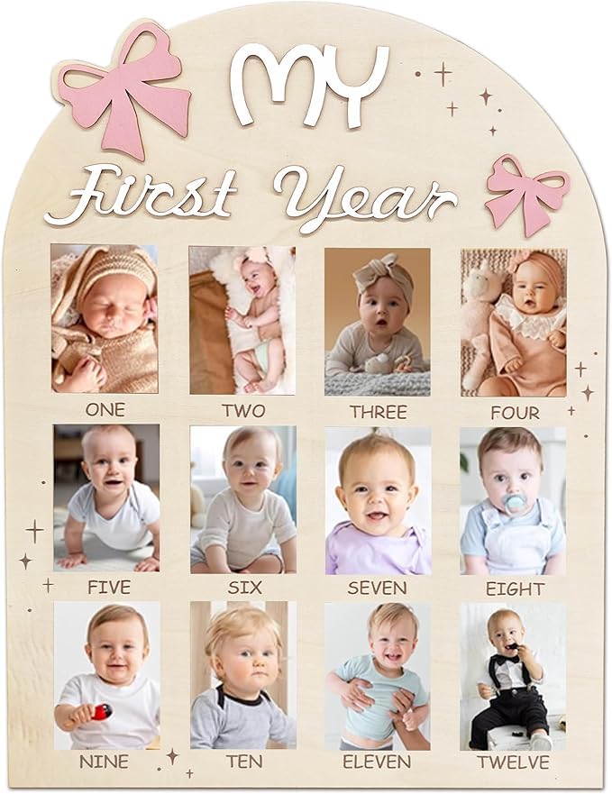 Bow One Year of Photo Board, My First Year Photo Photo Board 12 Monthly Milestones Picture Frame for Baby Girl 1st Birthday Decorations (pink)