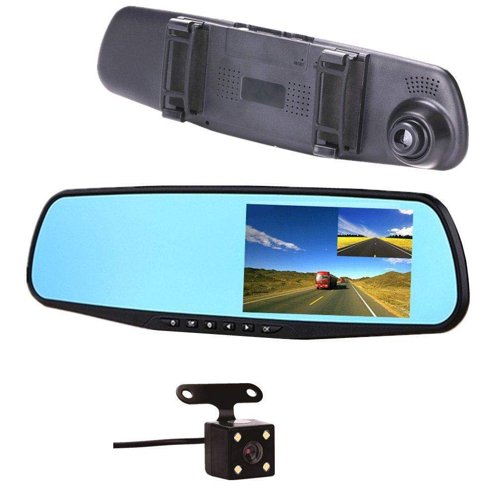 Car dash camera 4.3 inch full hd 1080p dual lens 170 wide angle front and rear mirror mount dvr with g-sensor loop recording night vision st