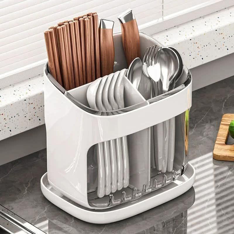 Acrylic Multi-Section Kitchen Utensil Holder Organizer for Spoons, Knives and Utensils, White, Modern Design for Kitchen