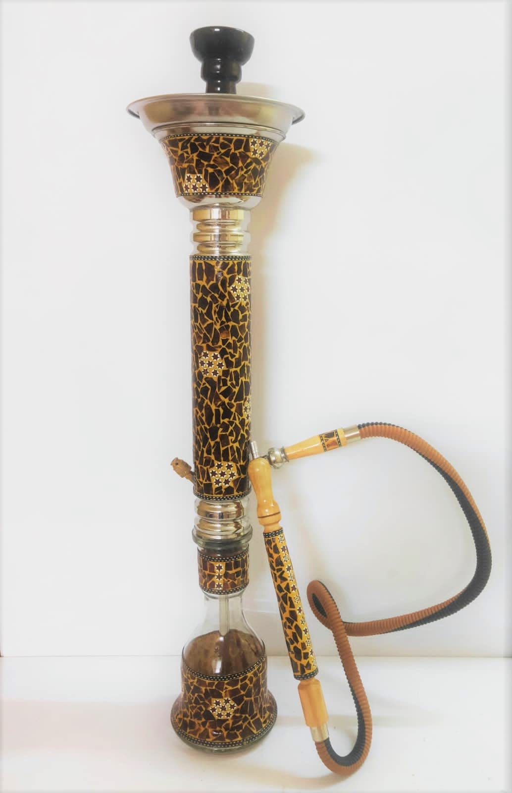 Mother of Pearl Dana Tiger Brown & Yellow Hookah with Chiller Stem and Matching Glass Vase and Hose, Height Approx. 80 cm (DANA/007)