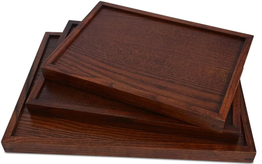 Wooden Serving Trays Set of 3, MDF Wood Material, Rectangular Nesting Trays for Coffee, Tea, Food Serving and Display, Fits for Family and Friends Gatherings. (Reddish Brown)