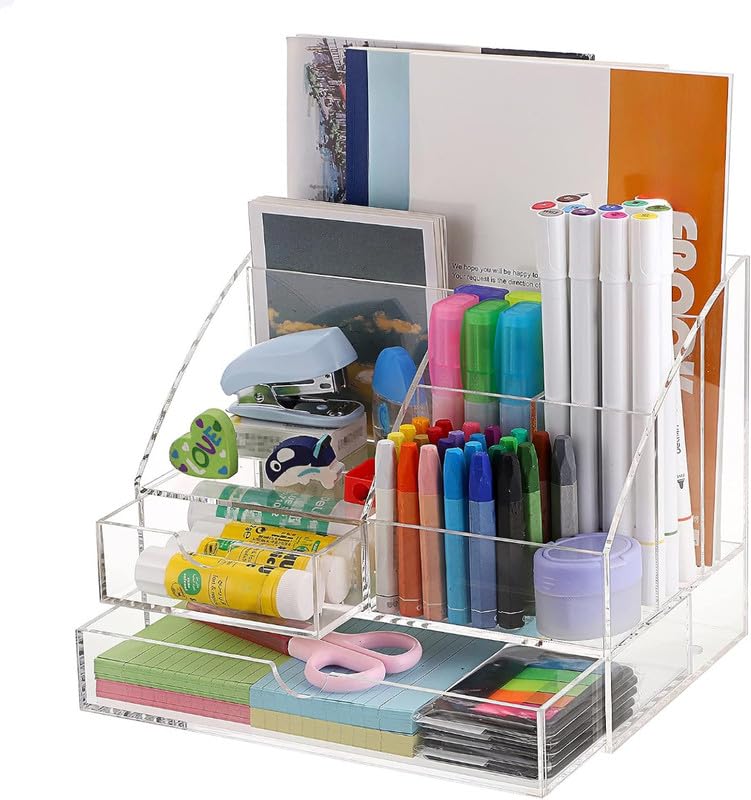 Best Media All-in-One Clear Acrylic Office Supplies Organizer, Large Desktop Caddy with 2 Drawers and 7 Compartments for Pens, Paper, and Accessories, Perfect for Home, Office, and Dorm