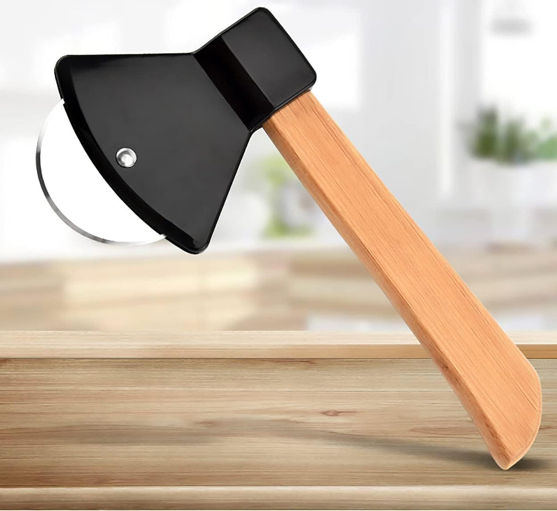 Pizza Knife Pizza Cutter Wheel Stainless Steel Axe Shape with Bamboo Handles and Sharp Rotating Blades, Rotating Pizza Cutter for Pies, Cookies, Bread, Cakes (Black) 025025