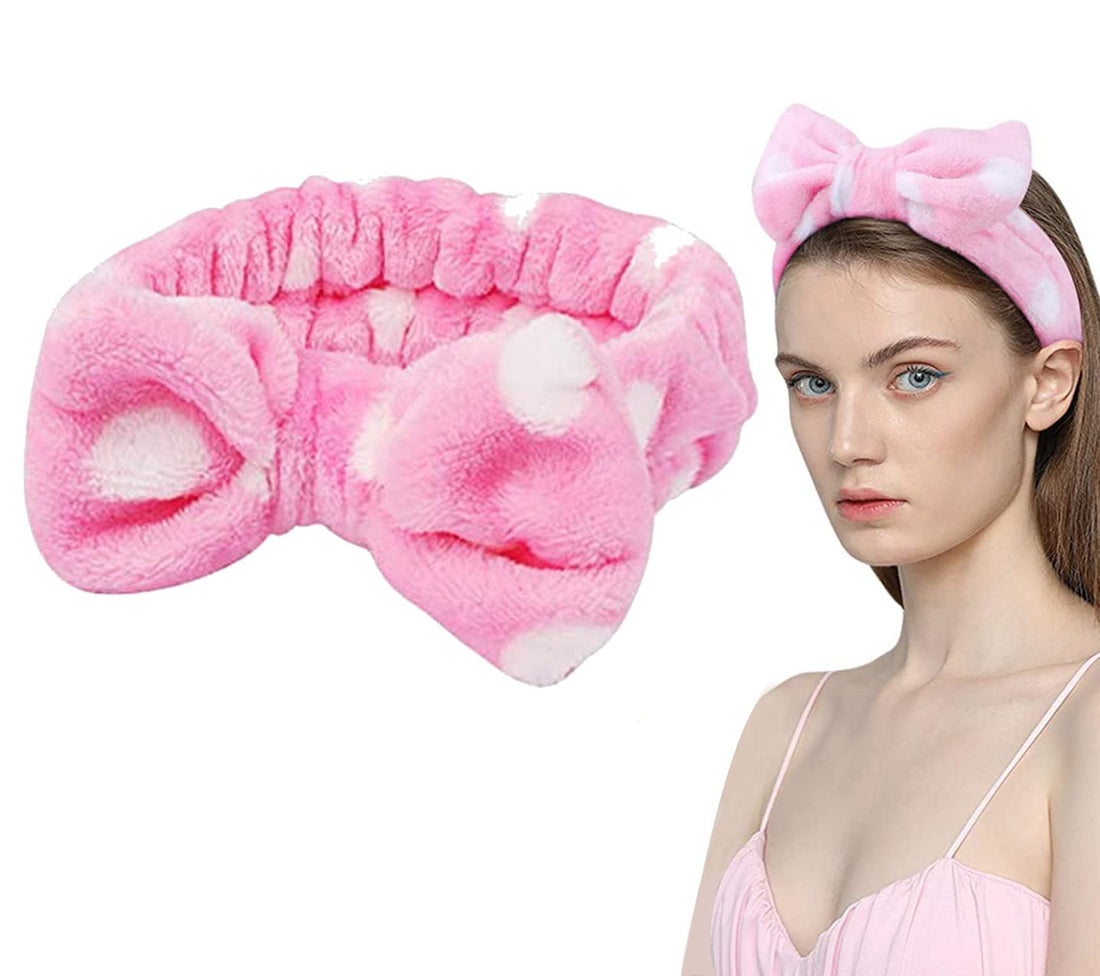 Merin Women's fashion cute soft Carol wool bow makeup cosmetics shower elastic hair band hairline headband (pink polka dots)