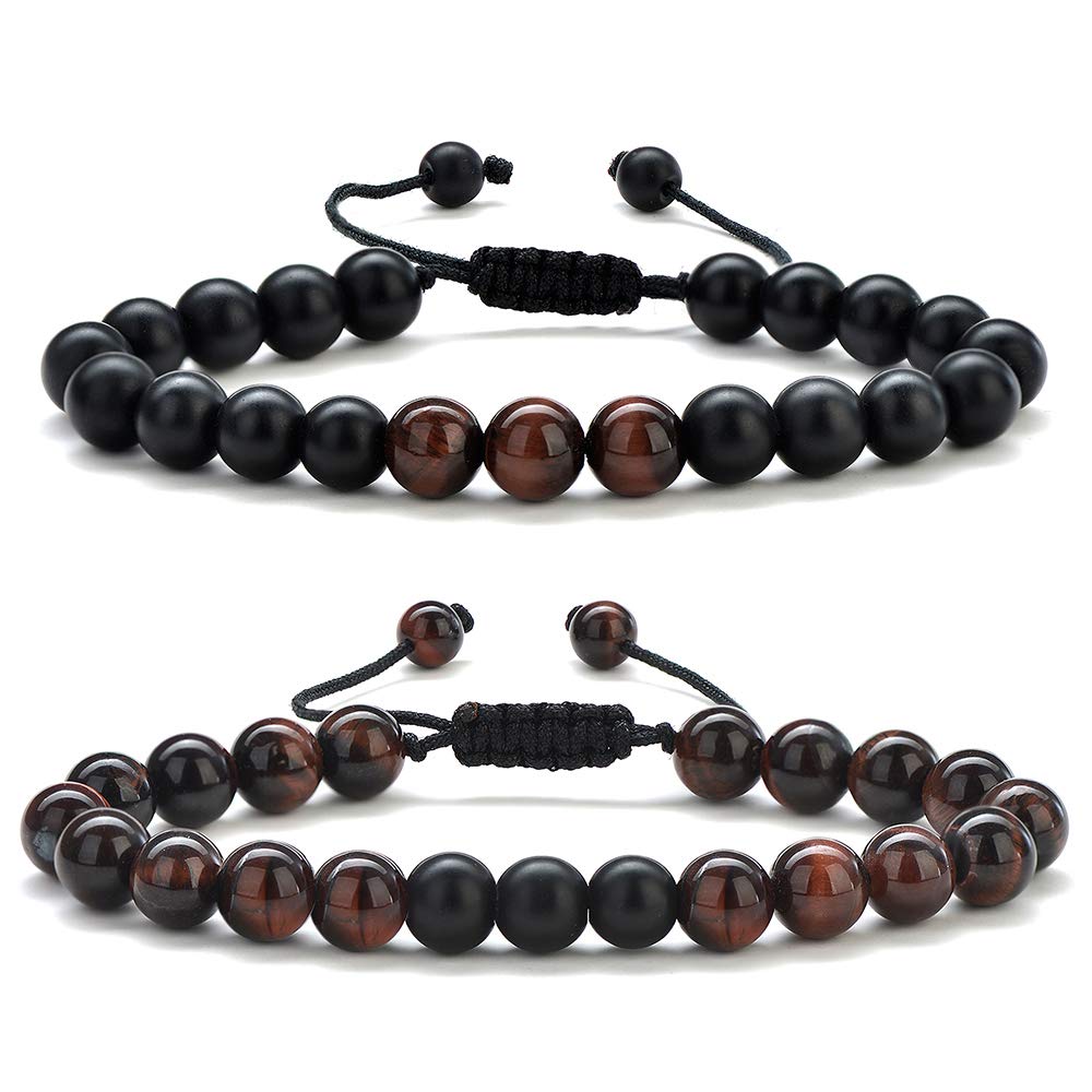 Tiger Eye Mens Bracelet Gifts - 8mm, Stress Relief Adjustable Tiger Eye Bracelet Aromatherapy Essential Oil Diffuser Lava Bracelet Gifts for Men, Stone- 2 pcs Red Tiger&Matte Agate