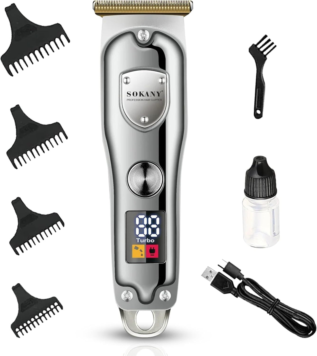 Hair Shaver, Hair Clipper and Beard Trimmer for Men, Stainless Steel Blades, 4 Combs, LCD Display, 120 Min Runtime, Precision Grooming, Salon Quality, SK-LF-16004, Sokany (Silver)