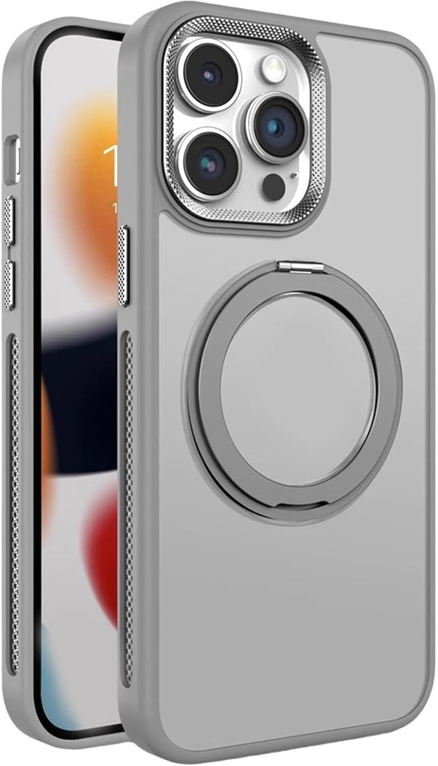 Nopatia Clear Case for iPhone 16 Pro Max 6.9 Inch 360° Rotatable Metal Ring Holder Built-in Kickstand Shockproof Bumper Enhanced Camera Protection (Gray)