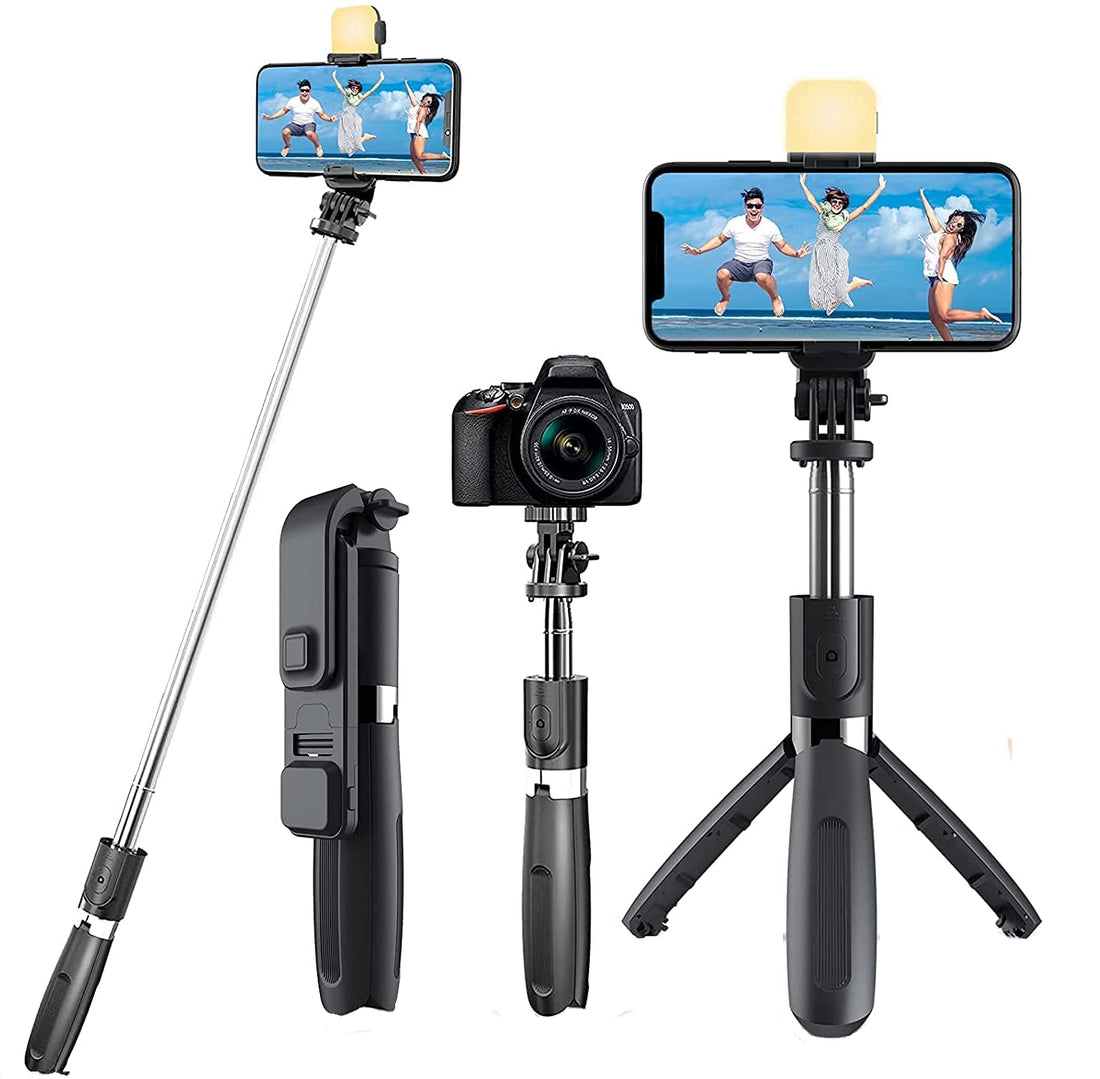 Rewy R1s Bluetooth Selfie Sticks with Remote and Selfie Light, 3-in-1 Multifunctional Selfie Stick Tripod Stand Compatible with iPhone/OnePlus/Samsung/Realme & All Smartphones/Go Pro (Black)