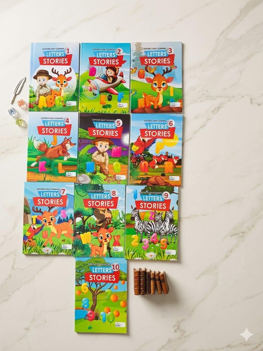 English Letters and Numbers Story Set for Kids, 10 Picture Books, Learn ABC and 123, Develops Reading and Counting Skills