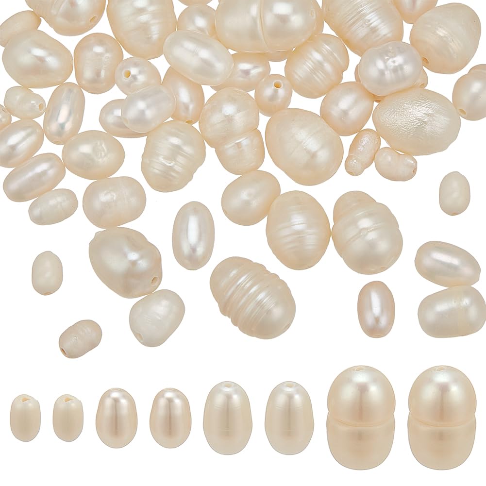 WADORN 60pcs 4 Size Freshwater Cultured Pearl Beads, 3.5-12mm Rice Natural Cultured Freshwater Pearl Beads with 0.6-0.8mm Hole Irregular Oval Pearl Loose Beads for Pendants Earrings Jewelry Making