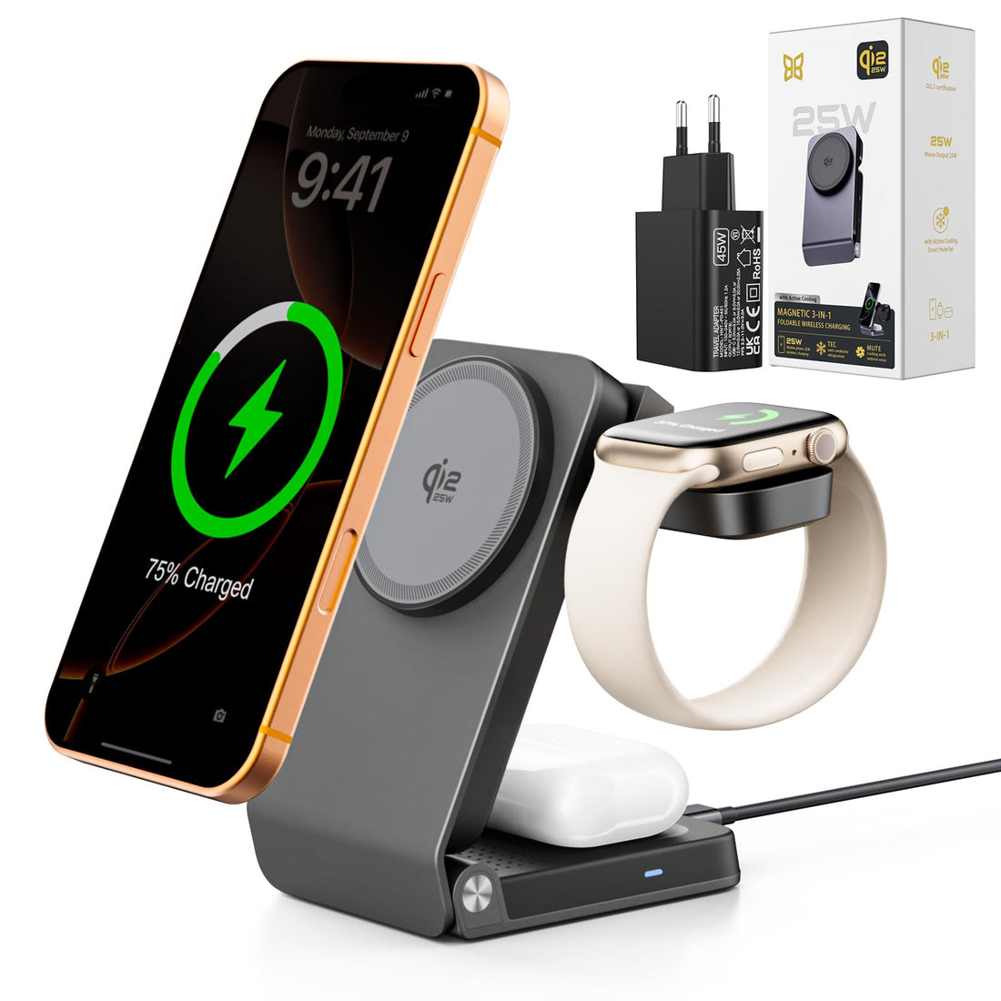 2026 Upgraded 3-in-1 Wireless Charger for iPhone,Magnetic Charger Stand Foldable Wireless Charging Station Compatible with Magsafe Charger&iPhone 17/16/15/14/13,Apple Watch&AirPods (22.5, Watts)