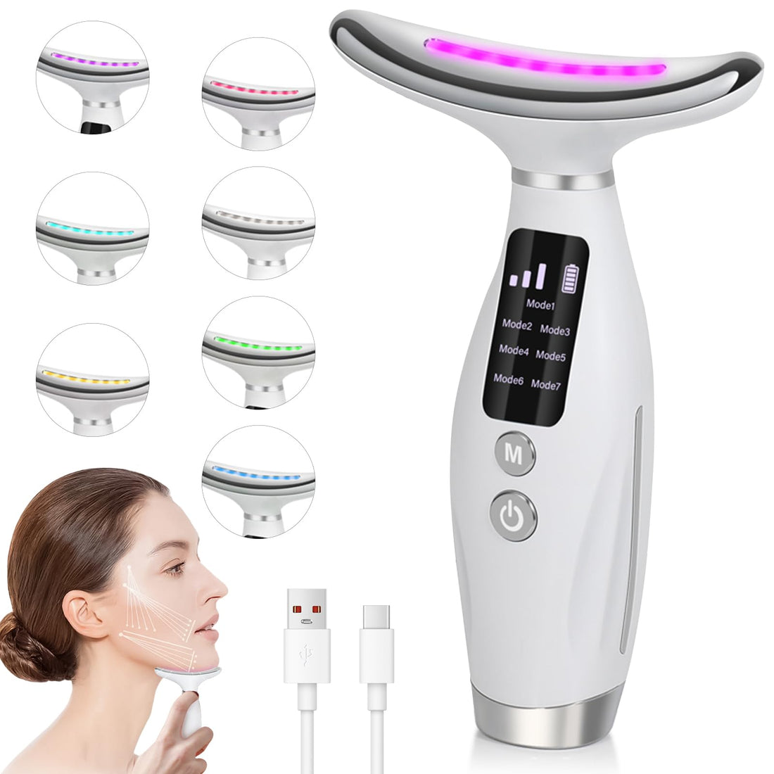 Neck Face Massager, Necomi Face Sculpting tool Multi-Function Face Massager with 7 Color Modes,45±5°C Heat, for Anti-aging, Firming Skin and Neck Lifting (01-01)