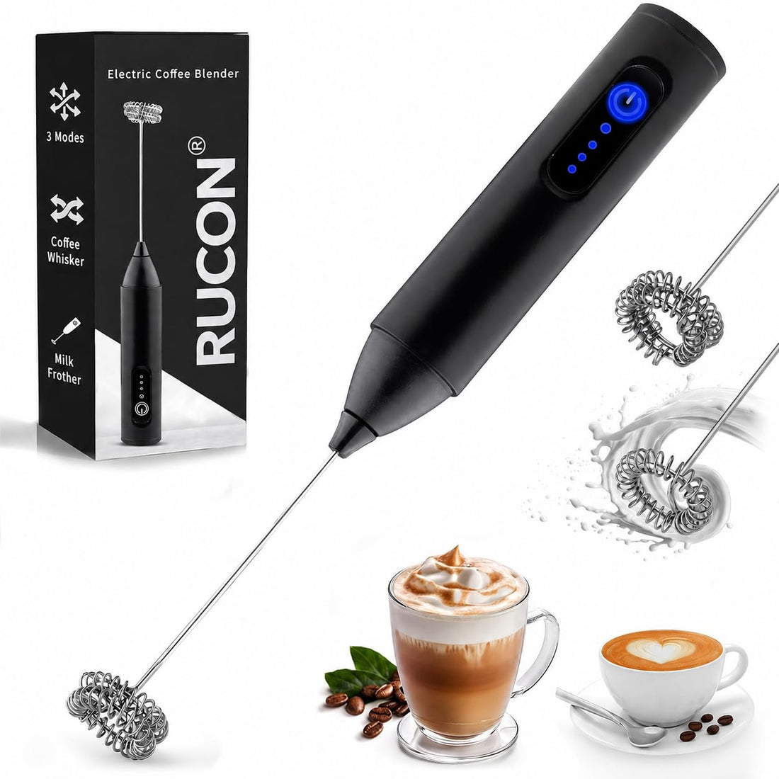 RUCON® Coffee Frother Electric Blender Wand 3 Speed Modes Rechargable Mini Handheld Milk Frother with Stainless Steel Whisk Drink Mixer for Coffee Cappuccinos Matcha Coffee Enthusiasts Gift - Black