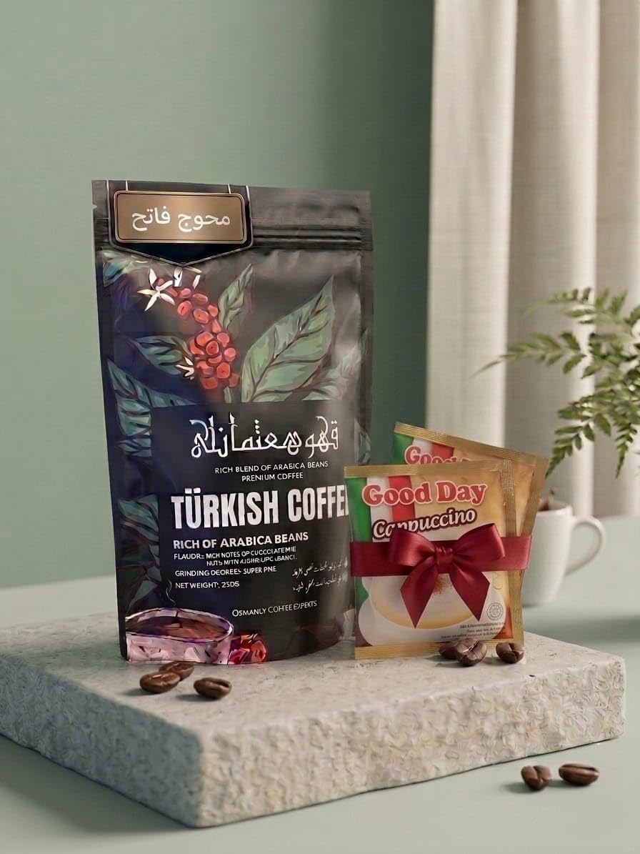 Bursting Turkish Coffee, Rich Blend of Arabica Beans, Fine Grind, 250g with 2 Goodday Cappuccino Envelopes (Intense Roasting)