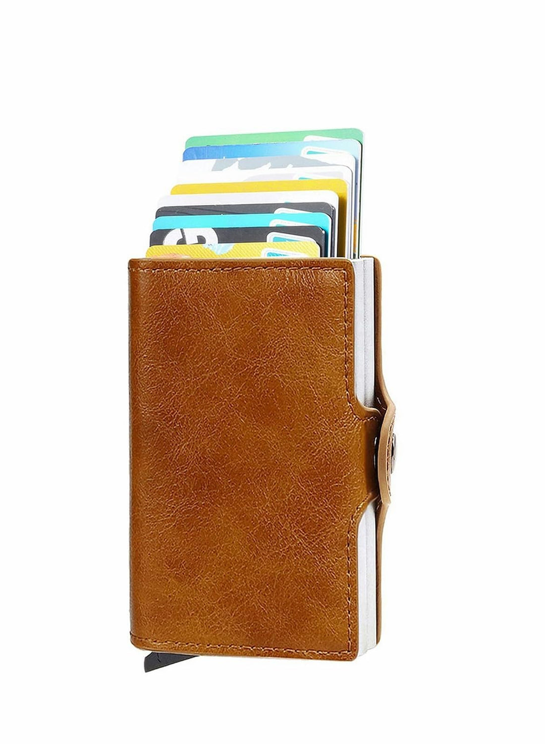 Wallet for Men Credit Card Holder, Automatic Pop Up Wallet with RFID, Leather Slim Card Case Front Pocket Anti-theft Travel Thin Wallets, Metal Money Organizers Up to Holds 14 cards+ Cash (Brown)
