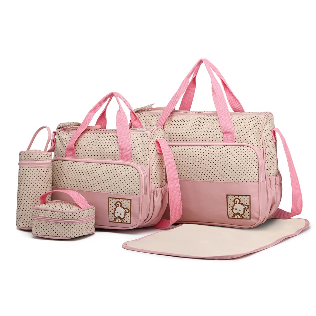 Miss Lulu Totes 5pcs Baby Nappy Changing Multifunction Diaper Messenger Hospital Maternity Polyester Bag, Pink Set, 5 Count (Pack of 1), Baby bag