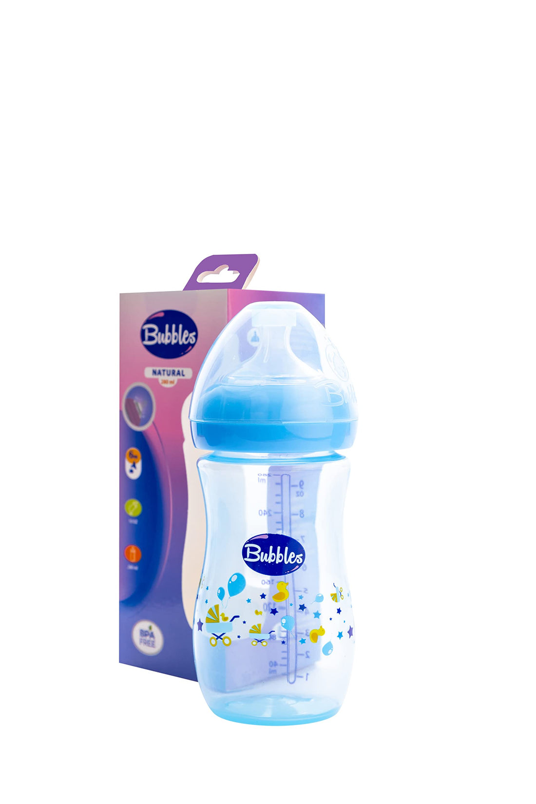 Bubbles natural feeding bottle without hand 280 ml - blue
