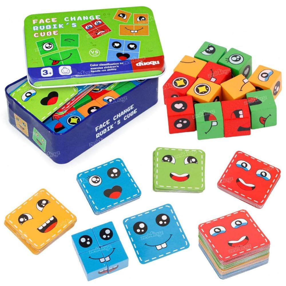 Wooden Cube Face Expression Toys, 16 Wooden Cube Educational Entertainment Magic Faces Changing Blocks Building Blocks Gift (Shape 2)