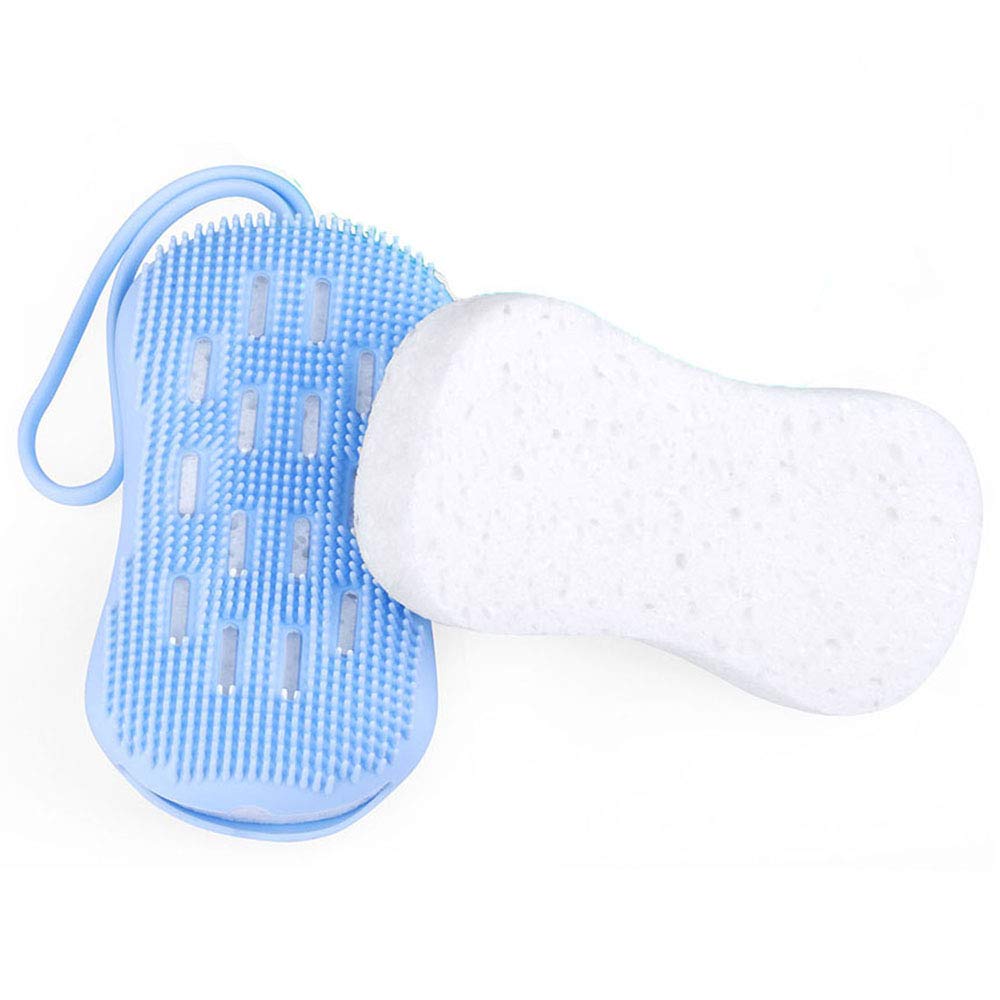 Soft Silicone Bath Scrub Body Brush with Sponge, 2 in 1 Exfoliating Skin Massage Scrubber Face Cleaning Hair Shower Exfoliator Brush with A Repalcement Core for Wet or Dry Women Men Baby(Blue) …