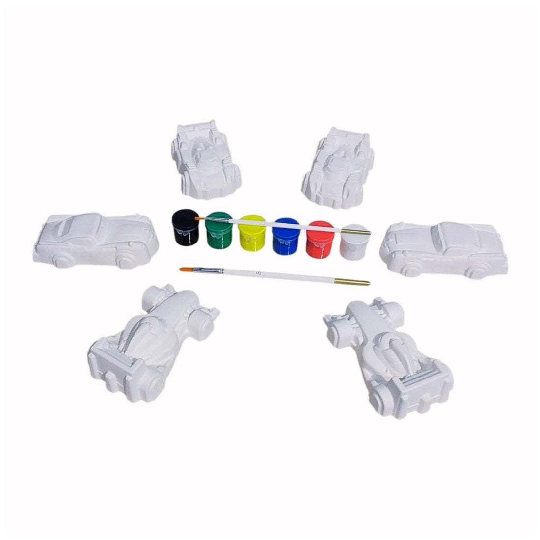 Gypsum Shapes for Coloring - Large Racing Cars + 6 Acrylic Colors + 2 Brush. Complete Art Set to Replace Screens and Develop Children's Skills Through a Joyful Coloring Activity (6-Cars).