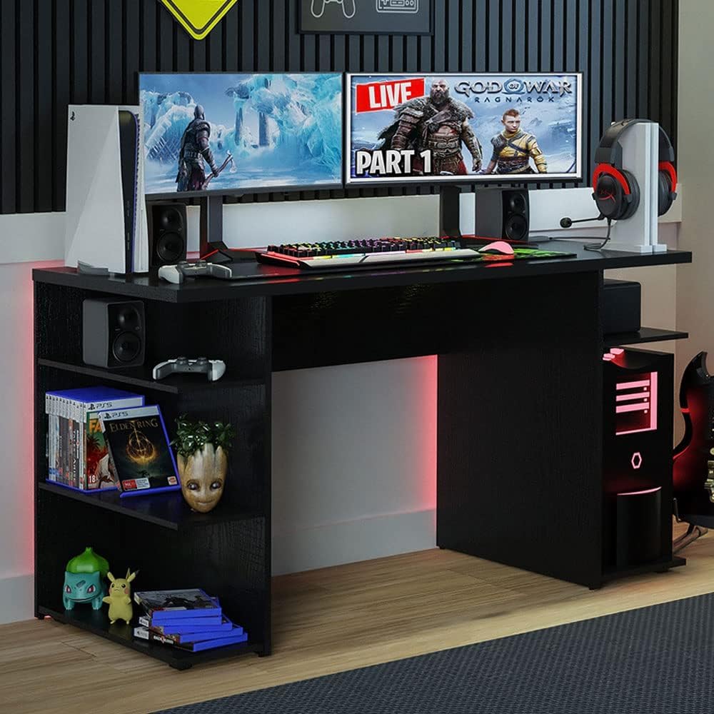 Gad Woods Modern Gaming Desk with High Quality MDF – Black Design with Side Shelves – Ample Space for 2 Monitors and Gaming Accessories – Size 140 x 60 x 75 cm