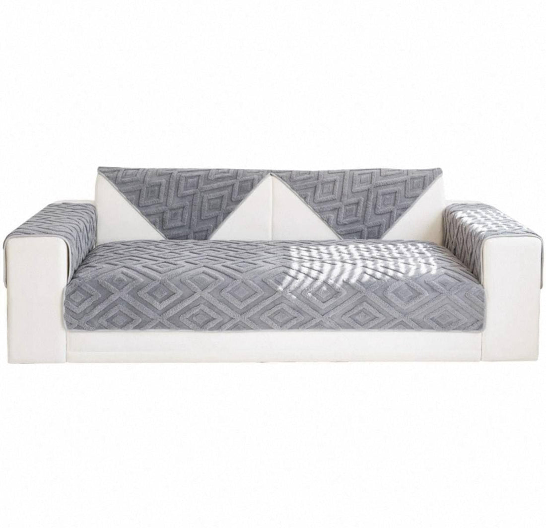 Generic Velvet Jacquard Faux Fur Sofa Cover Set, Grey Geometric Pattern, Large Sofa 195cm x 90cm with 3 Cushion Covers 48cm x 65cm, Heavy Quality Imported Fabric .sr (gray)