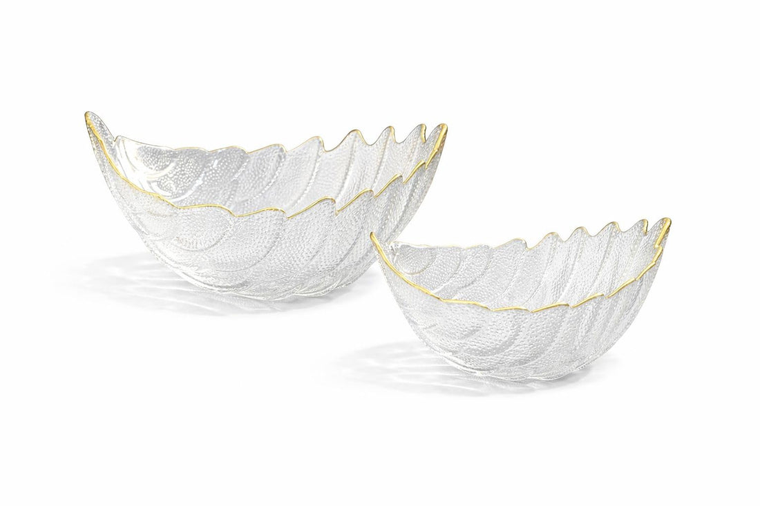 Glass Serving Bowl Set 2 Pieces – Leaf Design Glass Bowls for Salad Fruit Dessert Snacks Candy Table Serving and Kitchen Tableware (Clear Gold Rim)