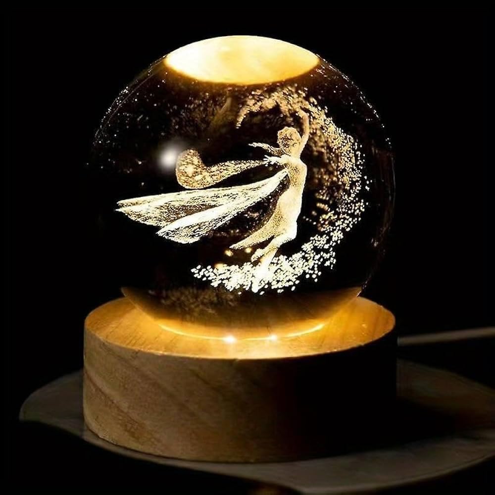 Plan A 3D Crystal LED Light Up Crystal with Elegant Wooden Base, USB Powered Gift or Night Lamp for Desk and Table, Provides Warm Light and Quiet Atmosphere (Dream Fairy)