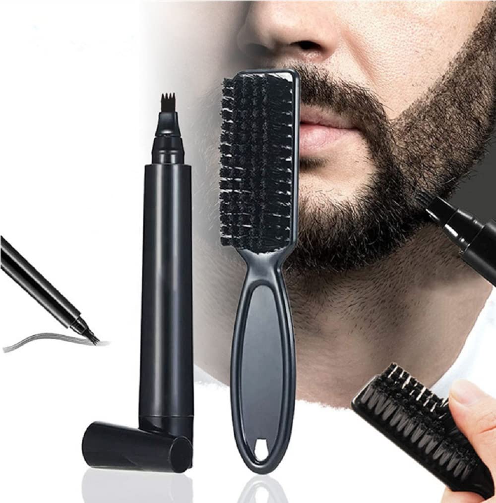 Beard Pen Beard Pencil Filler Kit for Men - Beard Styling Pen with Beard Brush - Long Lasting Natural Finish / Water and Sweat Proof Sharp Beard Lines!!!! (Black)