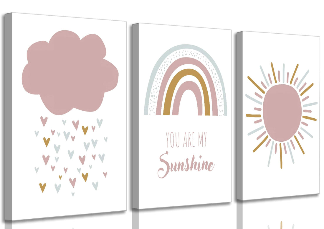 3 Pcs Boho Nursery Canvas Wall Art You Are My Sunshine Pink Sun Rainbow Cloud Painting Pictures Wall Decor Poster Print Artwork for Girls Baby Room Kids Room Home Decoration