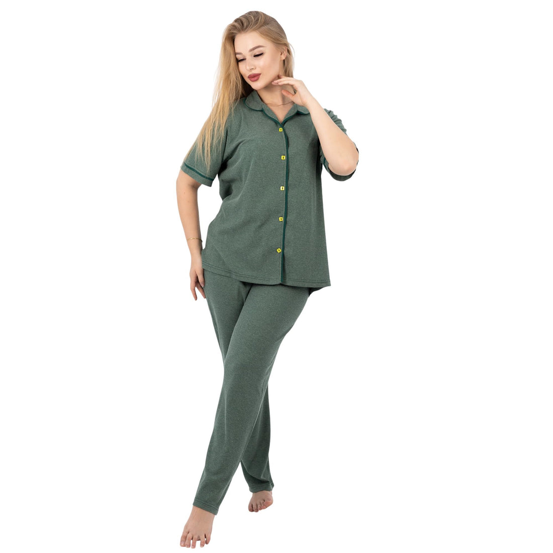 Women's Classic Cotton Plus Size Pajama Set | Short Sleeve Button-Up Top & Long Pants | Sizes 3XL to 5XL – Soft, Breathable & Comfortable Sleepwear
