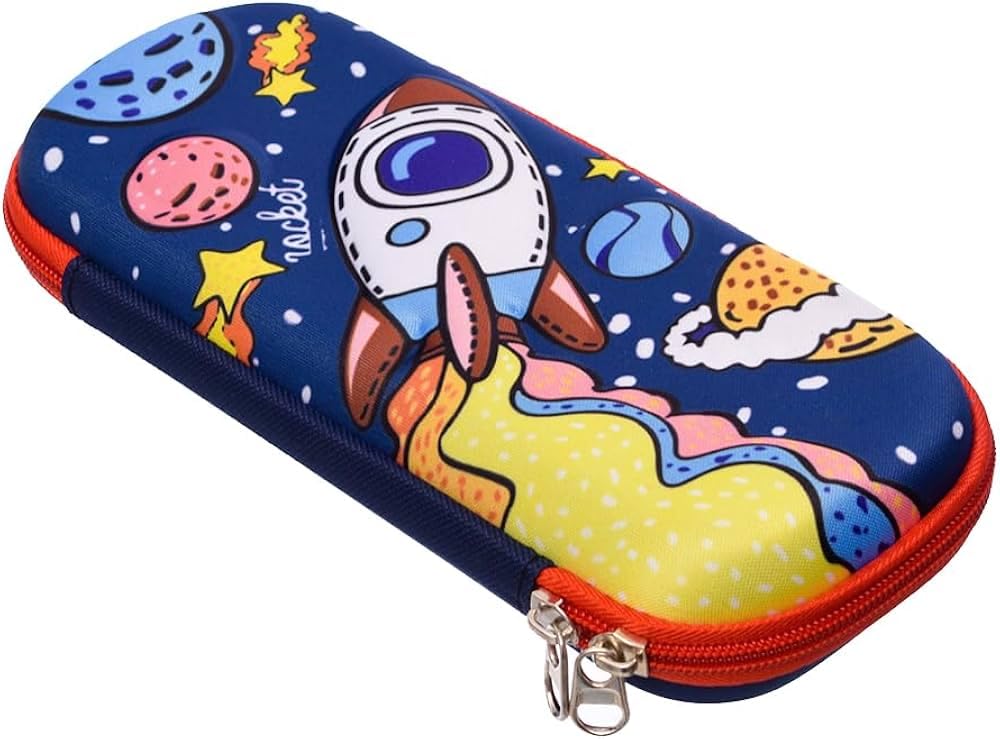 DOWNTOWN Kids Rocket Pencil Case – Hard Shell EVA Zippered Storage Case with Mesh Pocket, Portable School Organizer for Pens, Pencils & Accessories