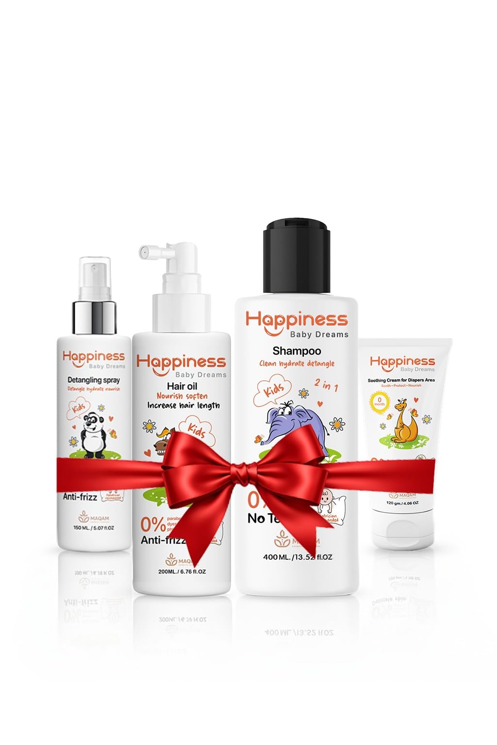 Happiness Baby Dreams Kids Hair Care Gift Set, Shampoo, Hair Oil, Detangling Spray and Diaper Cream, 4 Pieces