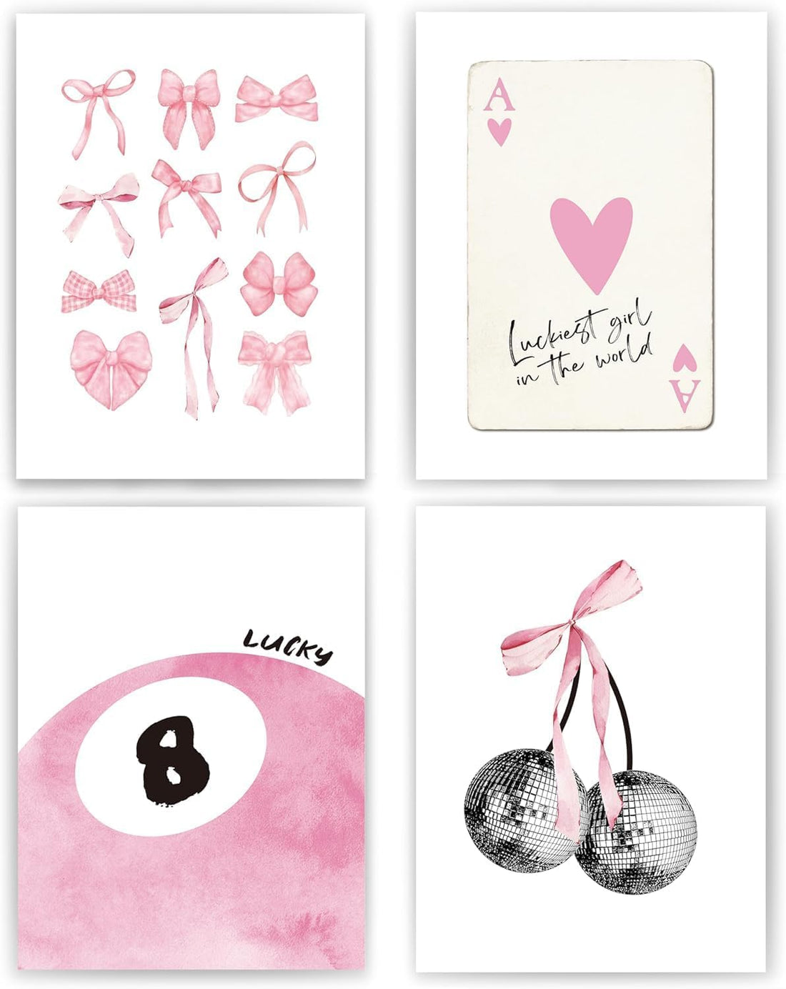 Pink Coquette Trendy Preppy Wall Art Laminated Prints Set of 4, Coquette Room Decor, Preppy Room Decor Aesthetic, Pink Bow Disco 8 Ball Cherry Wall Decor Posters for Girls Bedroom Dorm, 8*10 Unframed