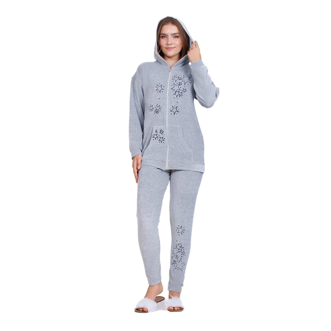 Zecotex Winter Grey Velvet Cotton Pajamas for Women - Zipper Jacket + Head Cover - Front Embroidery on Pants - Velvet Cotton Pajama Set - Comfortable Home Wear for Women