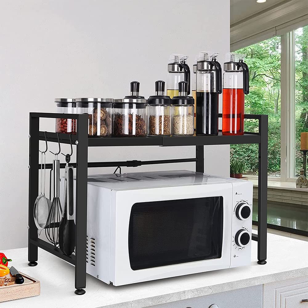 RELOVE Kitchen Storage Unit Microwave Oven Stand with 2 Shelves Extending Height & Width with 3 Hooks Perfect for Hanging Your Kitchen Utensils