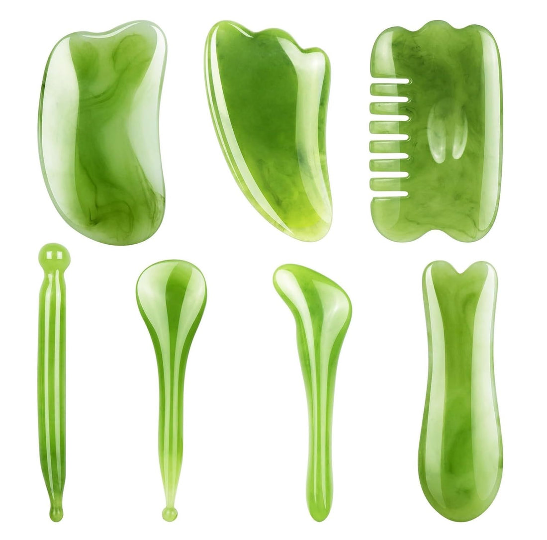 fashion mania 7Pcs Green Gua Sha Massage Tool Set Natural Resin Facial and Body Scraping Tools for Pain Relief & Muscle Relaxation - Ideal for Face Back Neck