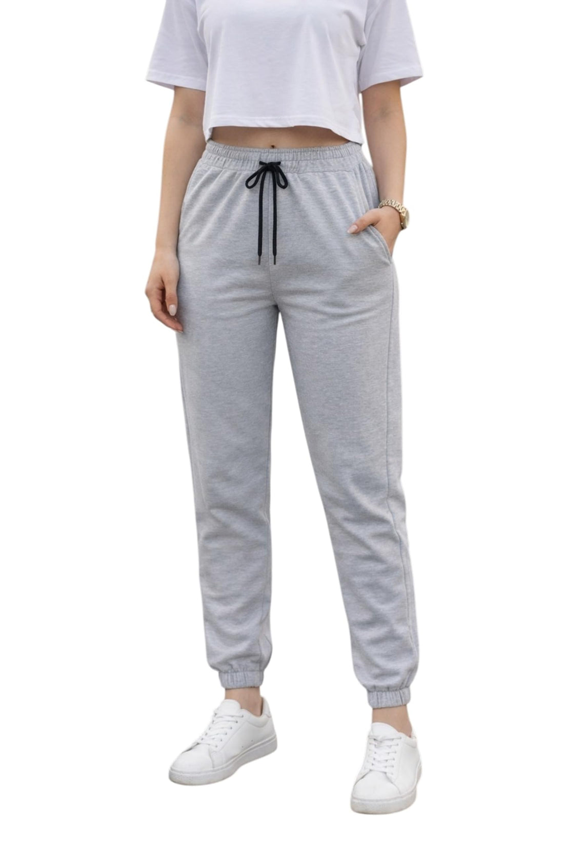 Miza Women's Sweet Pants Summer Milton Imported Elastic Cotton High Waist With Drawstring Side Pockets Solid Elastic In The Leg