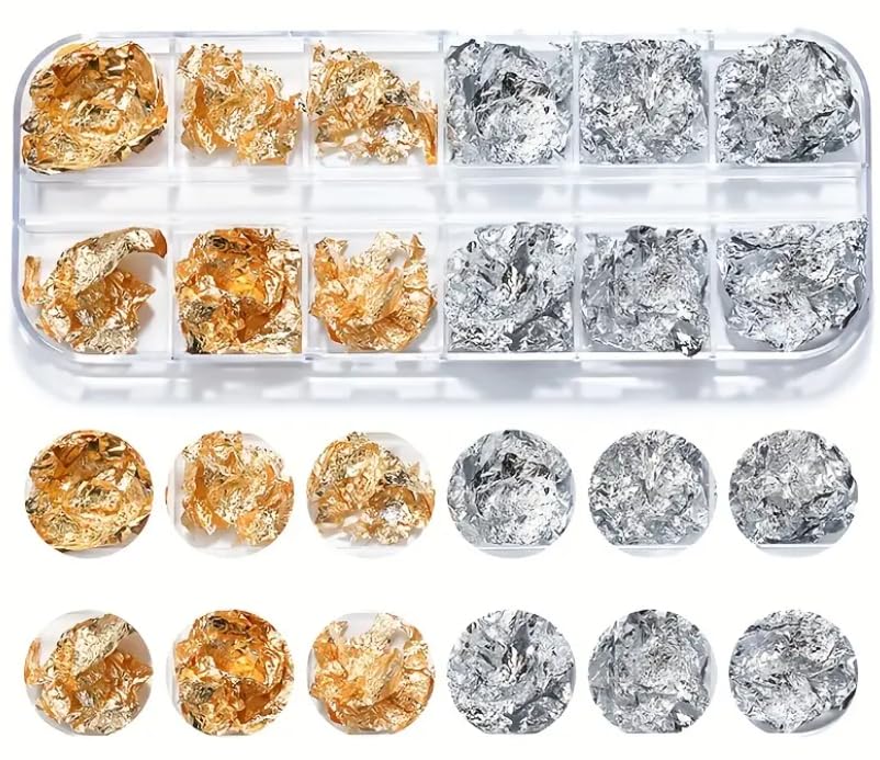 Foil Nail Art Set, 1 box Nail Accessories for Foil Transfer, Nail Paillette for Decoration, Flake and Mirror Effect | Gold and Silver