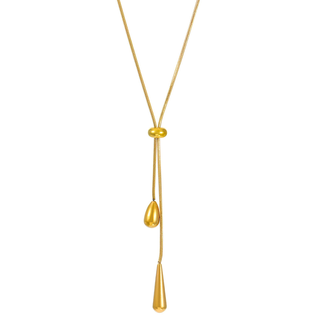 Elegant tear-shaped gold necklace with double chain and adjustable connector, simple modern jewelry for individuals and special occasions