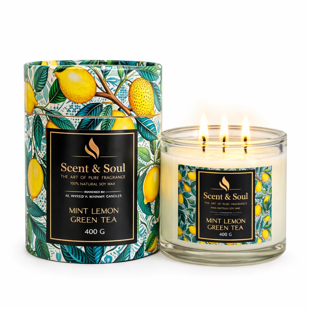Scent & Soul Mint Lemon Green Tea Scented Candle, 400g Natural Soy Wax, Fresh Citrus & Herbal Fragrance, 3 Wick, 91 Hours Long Lasting, Premium Glass Jar for Home & Relaxation