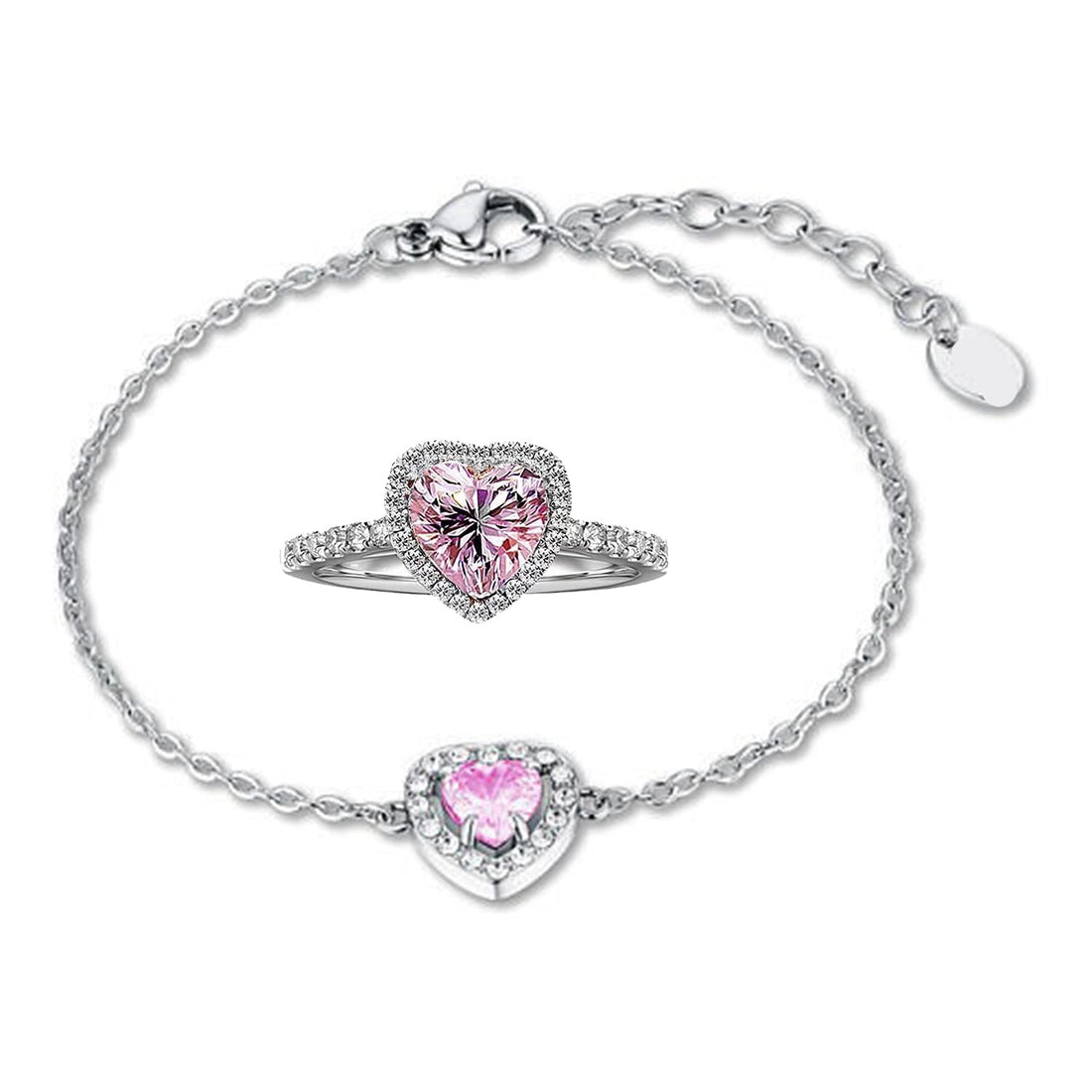 Julia Store Halo Heart Engagement Rings for Women, Free Sire 2CT Pink Cubic Zirconia Heart Wedding Ring Cubic Zirconia LOVE Heart Bridesmaid Jewelry Set Ring Bracelet Jewelry Set Of 2