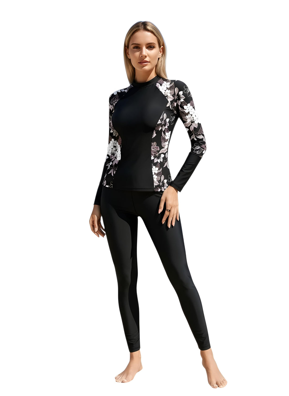 SHEIN F-AR Swimsuit, Casual And Sexy Women's Round Neck Floral Print Long Sleeve Tankini With Zipper And Medium Stretch Pants For A Stylish Look, Set of 2 pcs مايوه بوركينى حريمى