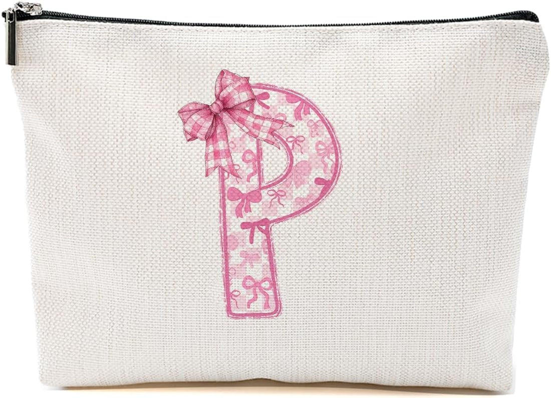 Personalized Initial Letter Makeup Bag, Rose Initial Cosmetic Bag with Zipper Birthday Gifts for Women Girls, Pink bow (P)