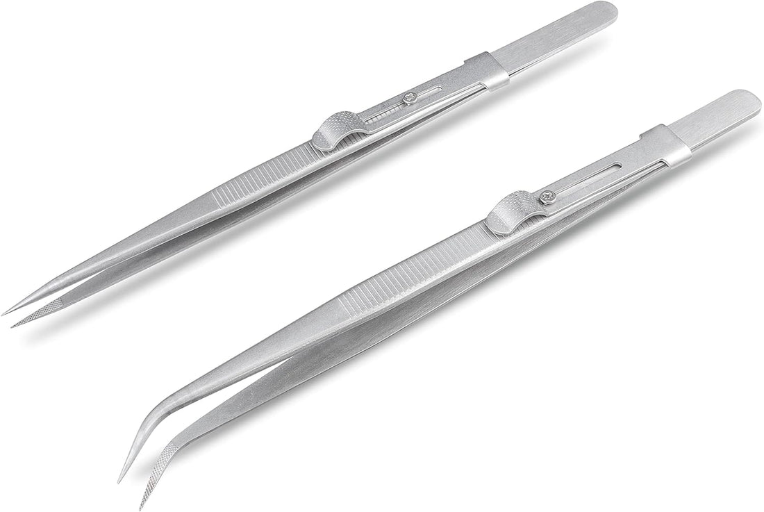 fashion mania 2Pcs Precision Tweezers Pointed Tip and Curved Locking Tweezer Set, Stainless Steel Soldering Crafting Jewelry Tweezers for Crafts Electronics Nails Art