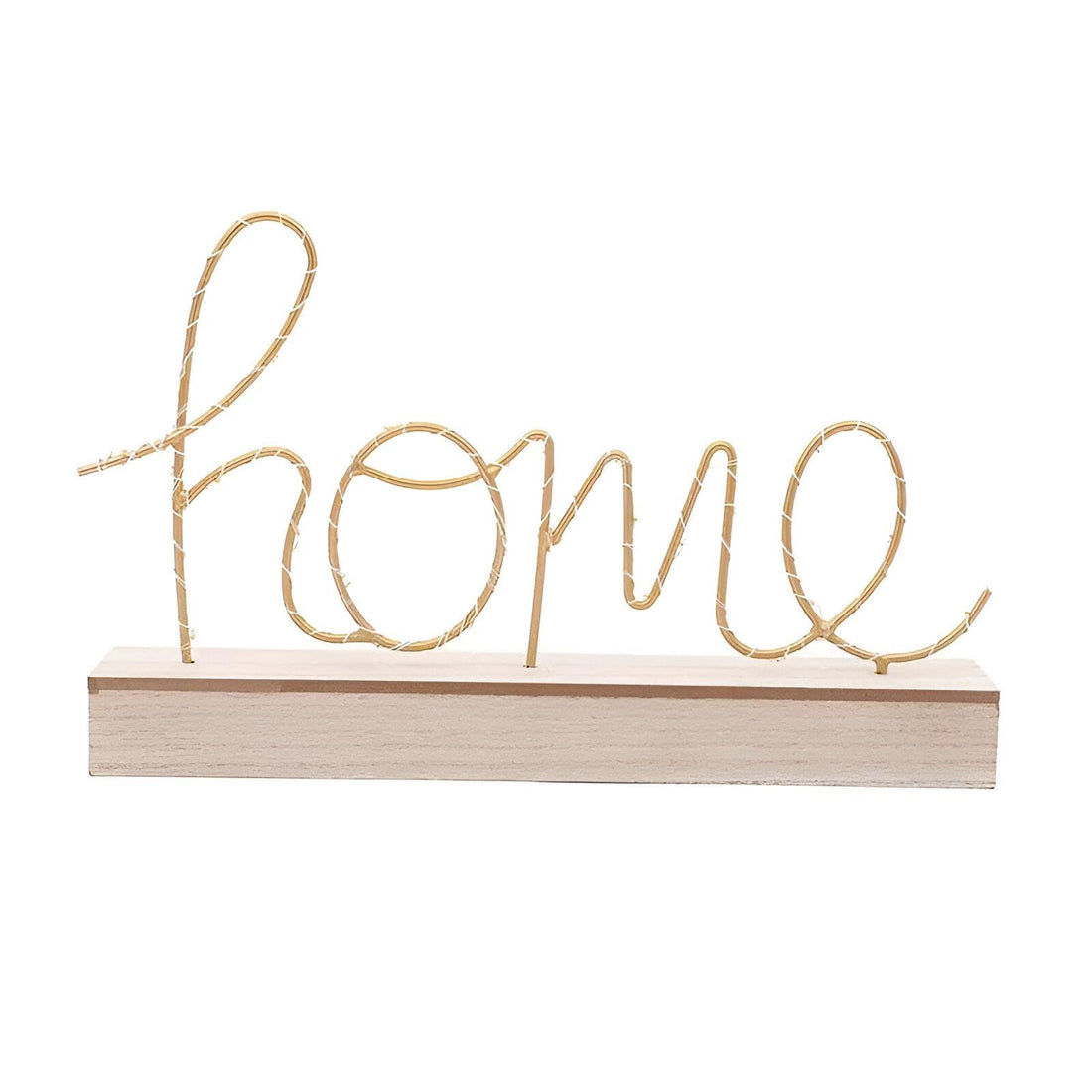 An elegant home décor lamp with LED lighting, gold lettering, and a wooden base, designed for display on living room and bedroom surfaces. Battery-operated, it is a distinctive and stylish addition to