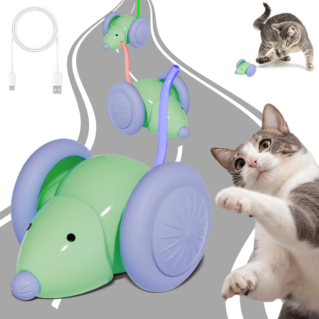 Necomi Interactive Mouse Cat Toy, Interactive Self-Running Kitten Chaser with Touch Activation & Auto Mode, with Colorful LED Lights (Green)