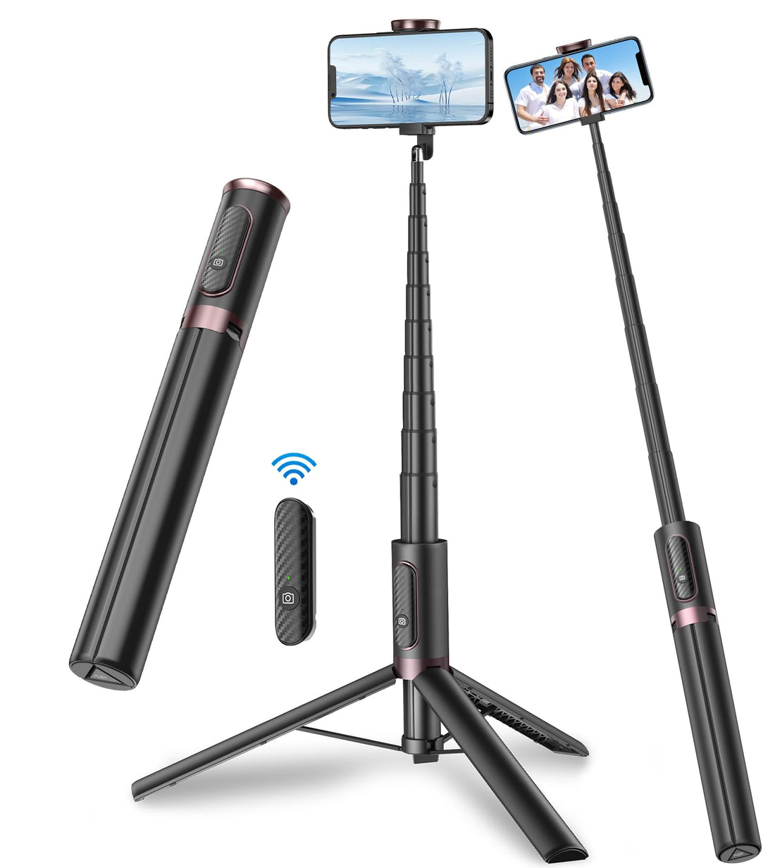 TONEOF 67" Cell Phone Selfie Stick Tripod, All-in-1 with Integrated Wireless Remote, Portable, Lightweight, Extendable Phone Tripod for iPhone/Android (Black)
