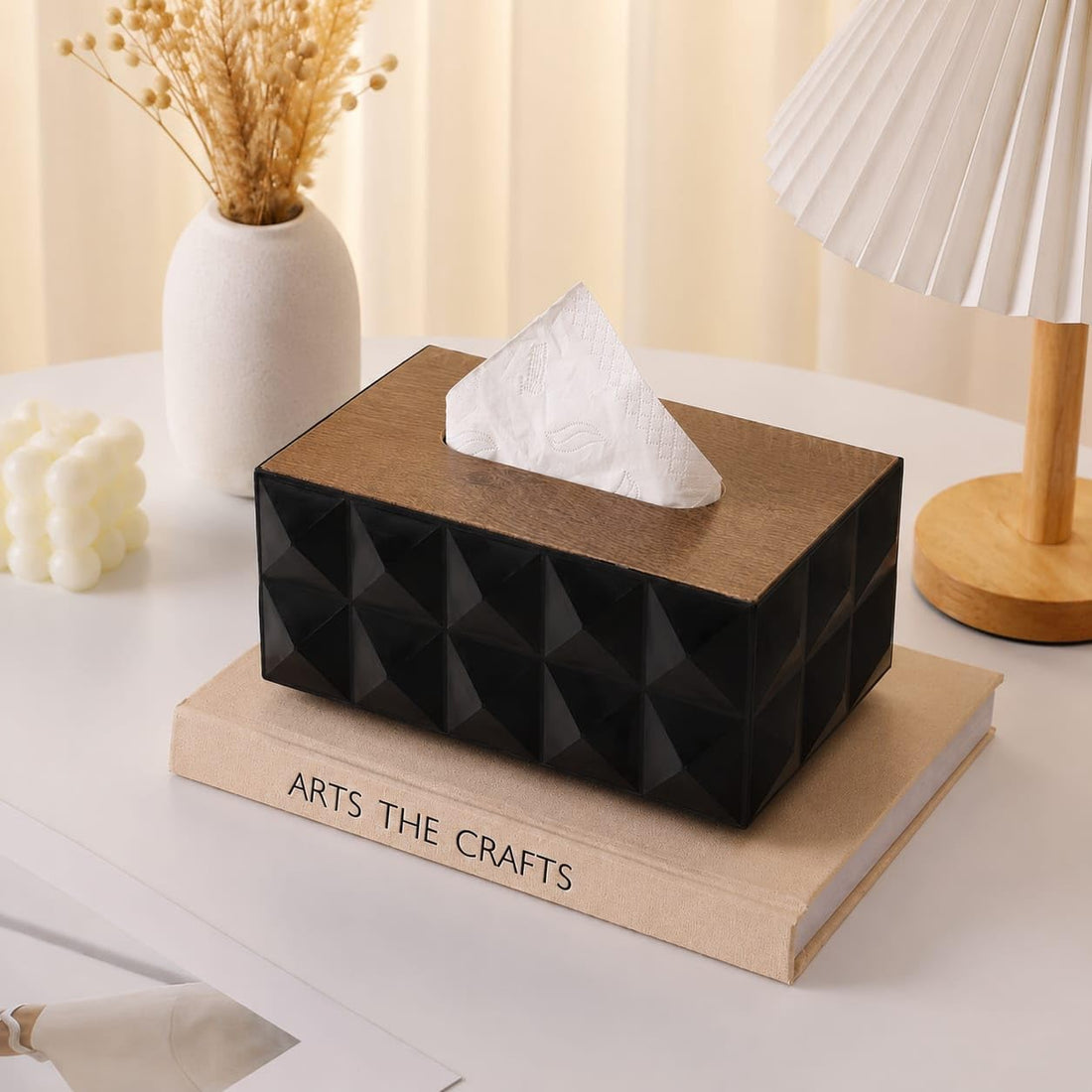 Modern Decorative Tissue Box with Elegant Wave Design and Practical Wooden Cover - Adds a sophisticated touch to home decor for living rooms, bathrooms or offices. (Deep Black)
